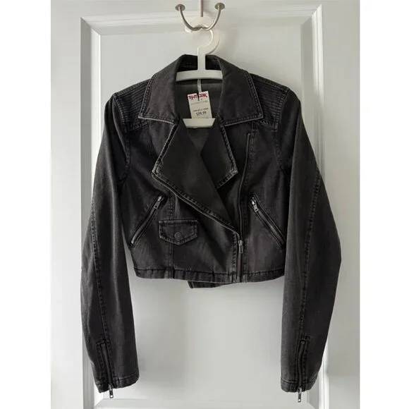 Free People James Dean Cropped Moto Denim Jacket - Washed Black - Size M - NWT - Picture 4 of 13